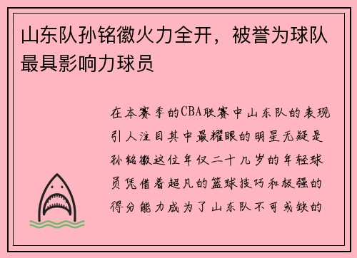 山东队孙铭徽火力全开，被誉为球队最具影响力球员